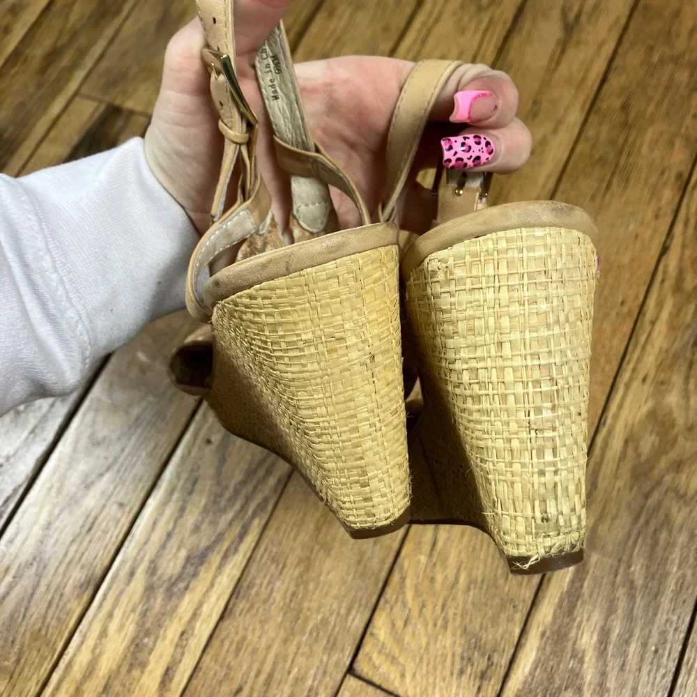 Kate Spade‎ New York Polka Dot Bow Raffia Wedge Sandals Tan Cream 9.5M